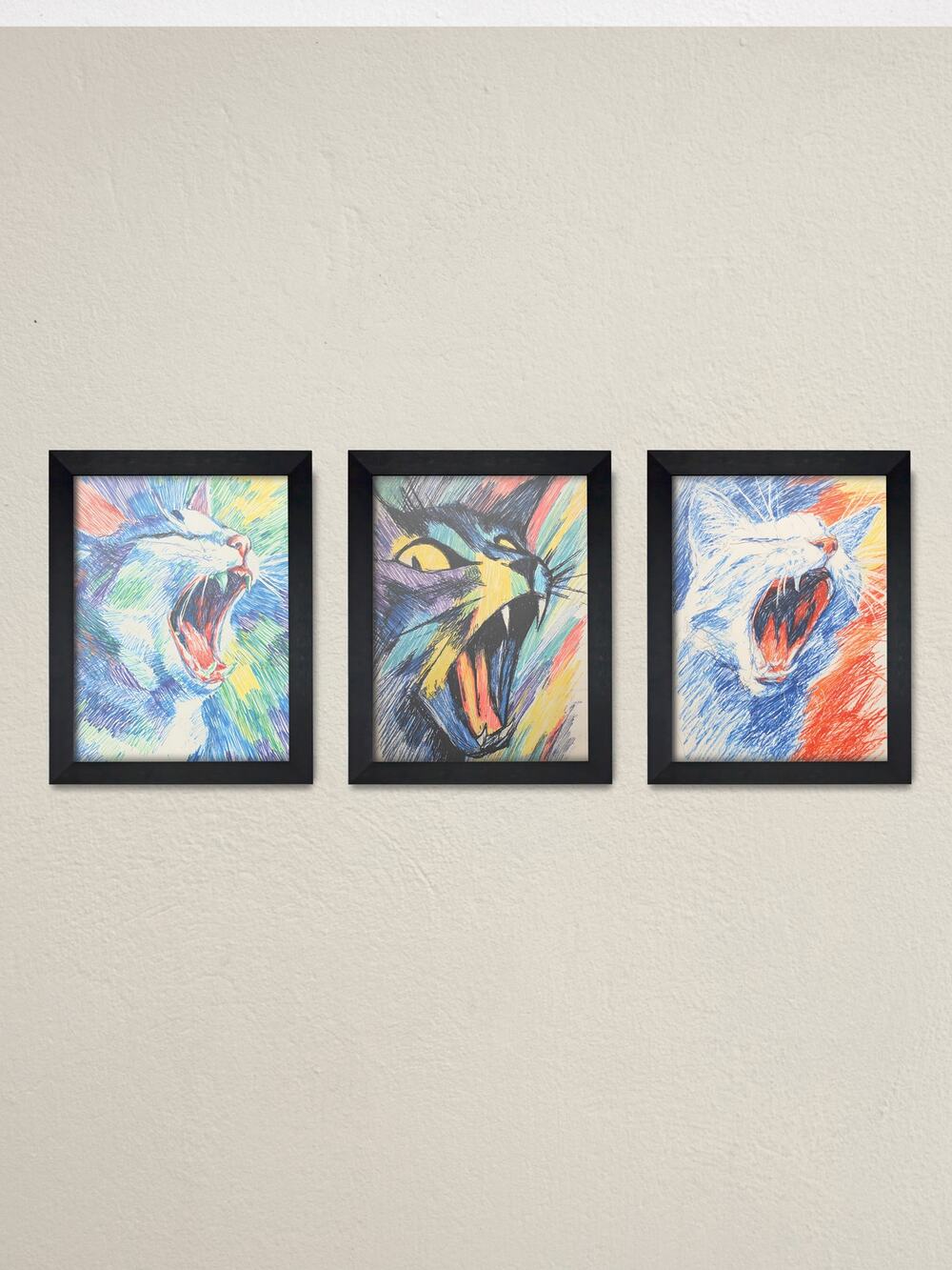 Set of 3 Cat Drawings Framed Wall Art | Fine Line Ink Kitten Sketch Print